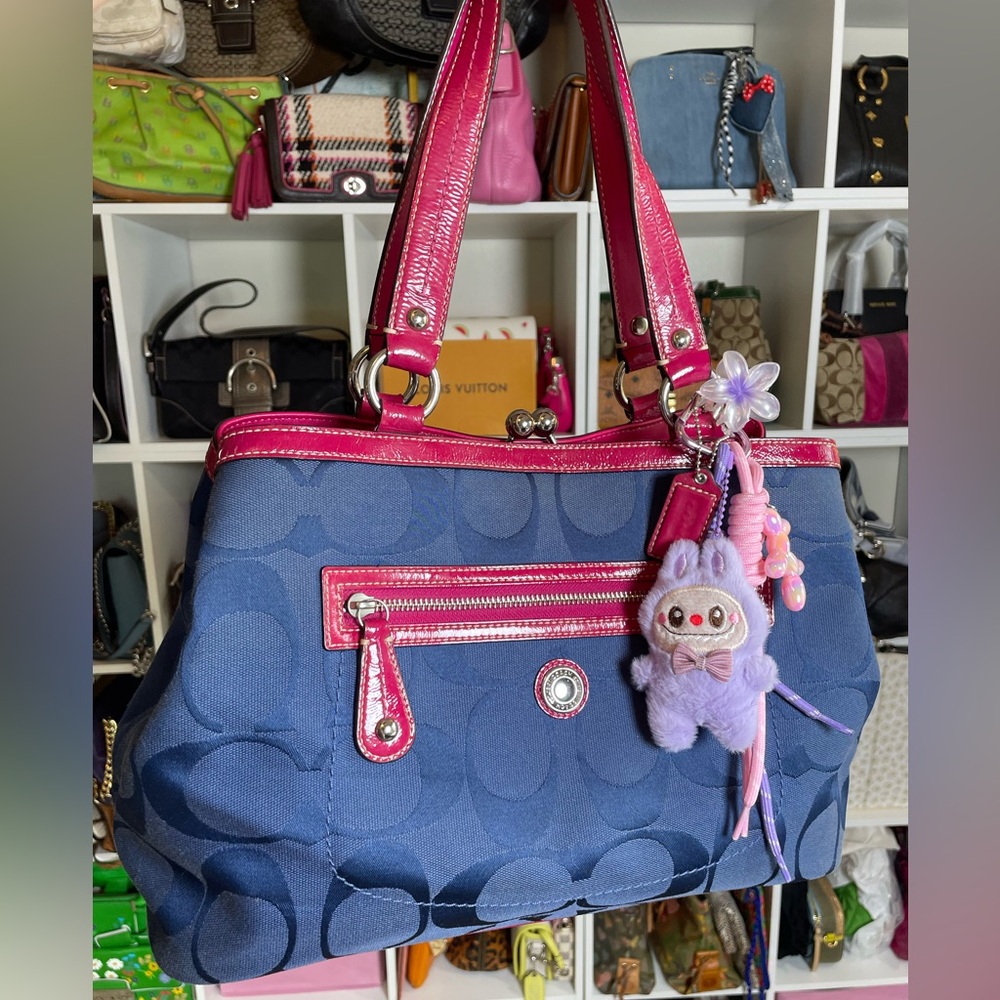 Coach Laura Signature Kisslock Satchel in Navy and Fuchsia